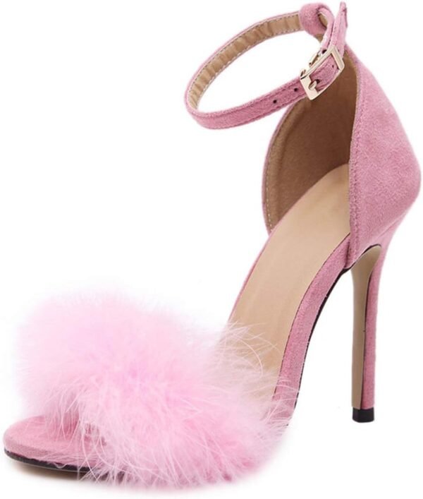Women's Feather Heels Open Toe Sandal Fluffy Fur High Heel Shoes Ankle Strap Stiletto Pump for Wedding Party Dance Evening