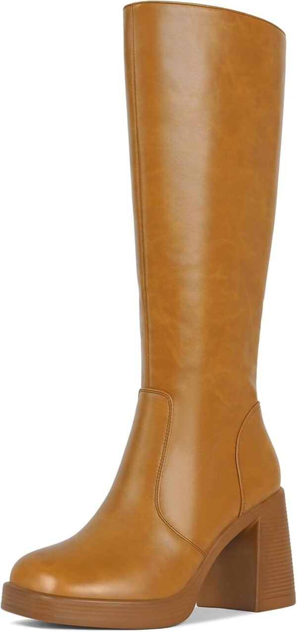 Black Leather Boots Platform Boots for Women Square Toe Chunky Block Heeled Boots
