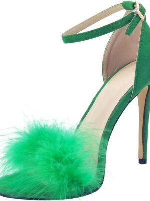 Women's Feather Heels Open Toe Sandal Fluffy Fur High Heel Shoes Ankle Strap Stiletto Pump for Wedding Party Dance Evening