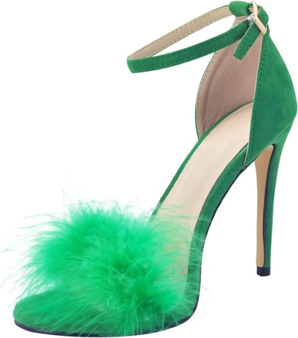 Women's Feather Heels Open Toe Sandal Fluffy Fur High Heel Shoes Ankle Strap Stiletto Pump for Wedding Party Dance Evening