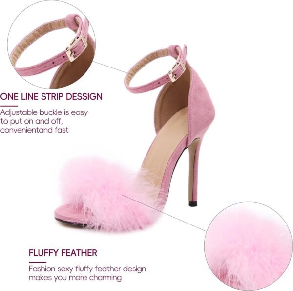 Women's Feather Heels Open Toe Sandal Fluffy Fur High Heel Shoes Ankle Strap Stiletto Pump for Wedding Party Dance Evening