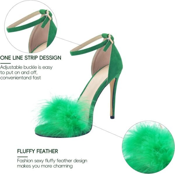 Women's Feather Heels Open Toe Sandal Fluffy Fur High Heel Shoes Ankle Strap Stiletto Pump for Wedding Party Dance Evening